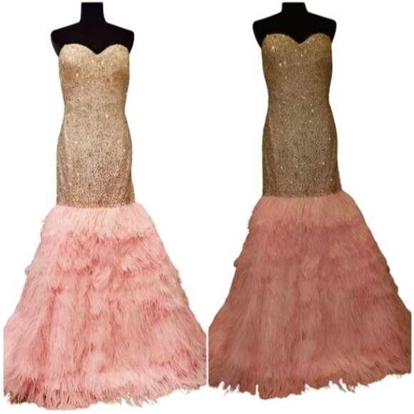 Couture Luxurious Ostrich Feathers Designer Embroidery Evening Prom Gown Dress - Picture 13 of 16